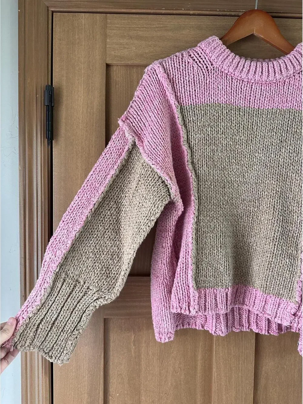 Pilcro Anthropologie Chunky Crew-Neck Colorblock Pink & Tan Sweater Women’s XS